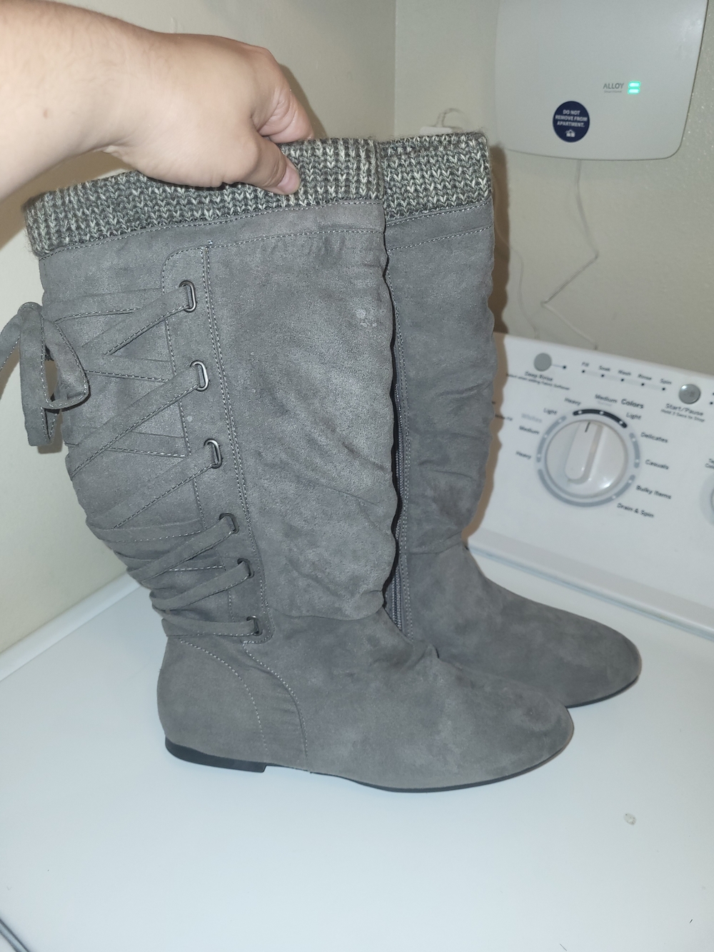 Knit-Cuff Gray Suede Tall Women's Boots